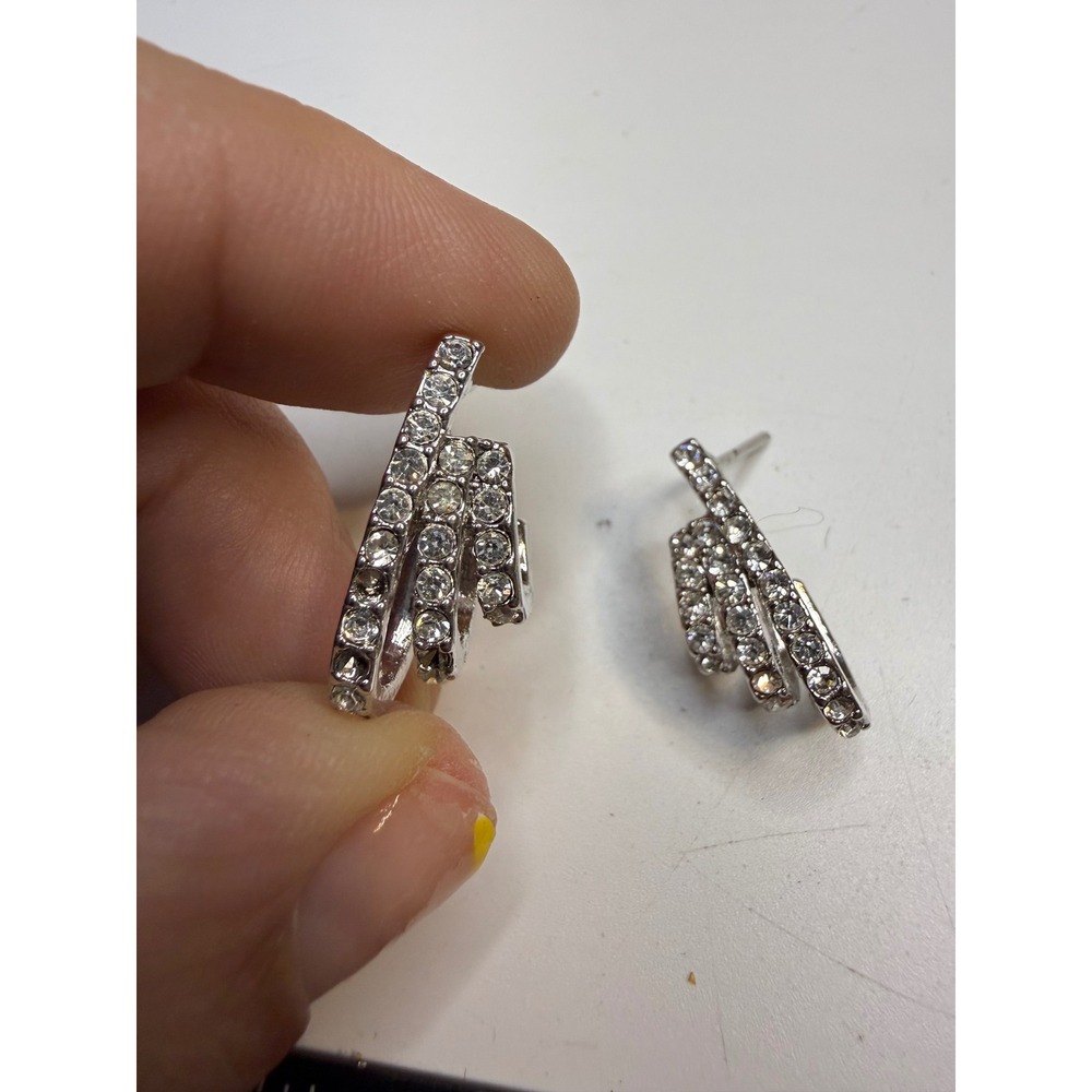 Silver Tone Triple Row Rhinestone Curved Stud Earrings Clear Crystal Climbers